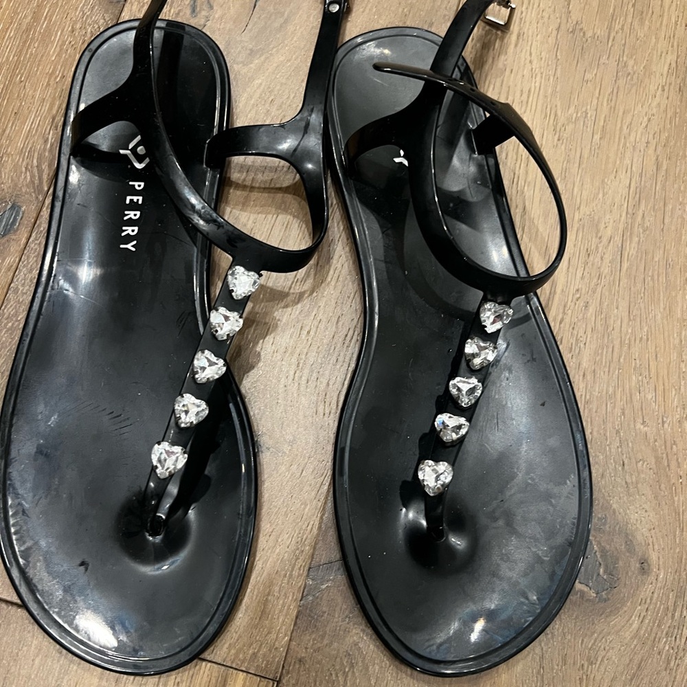 Katy Perry Collections Black Jelly Sandals with Clear Heart Crystals